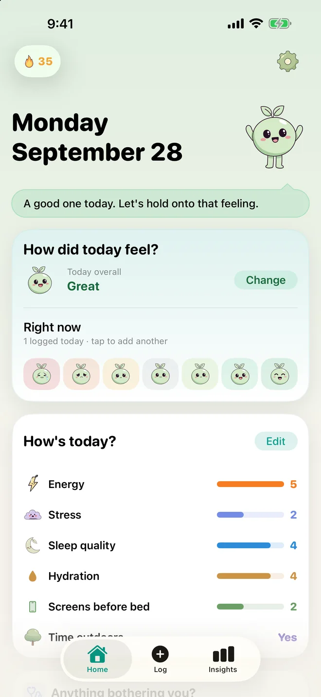 Tend's Home screen: today's mood check-in, the streak and the factors that moved your mood.