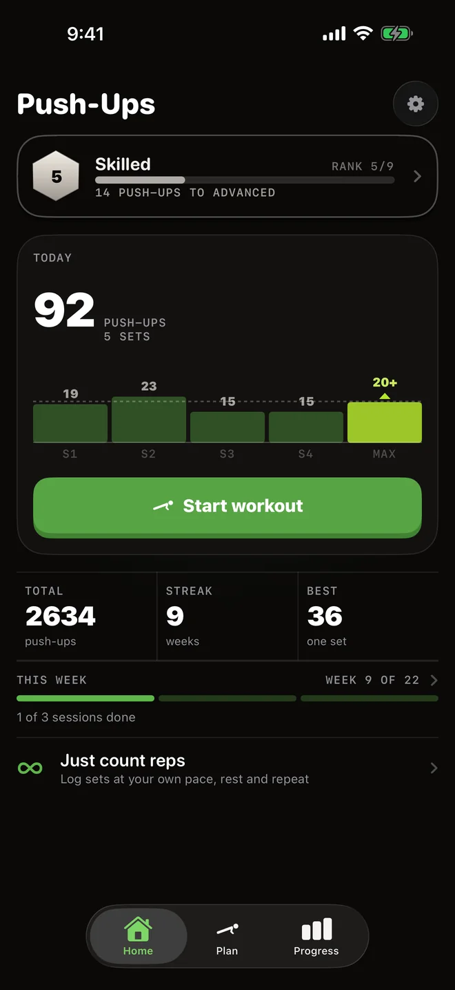 Push-Ups: today's five sets, the rank card and a nine-week streak.